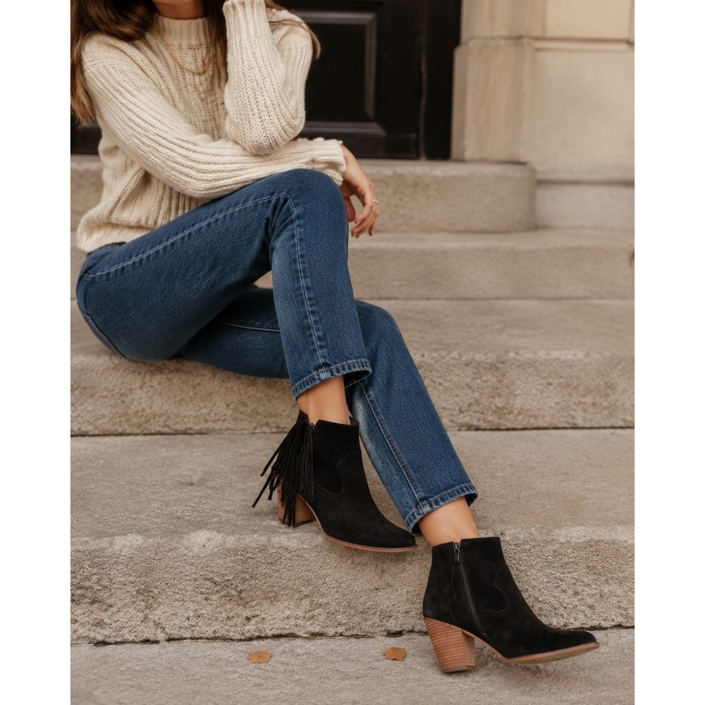 Steve Madden Ohio Black Suede Fringe Ankle Boots Women's Size 9M Leather Western